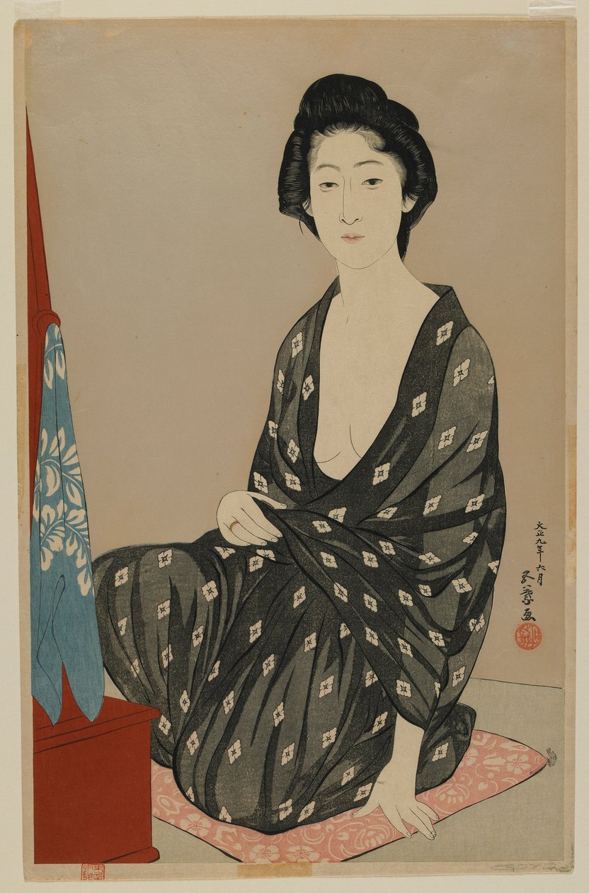 Žena v letních šatech, éra Taisho, červen 1920 (barevný dřevotisk) od Goyo Hashiguchi