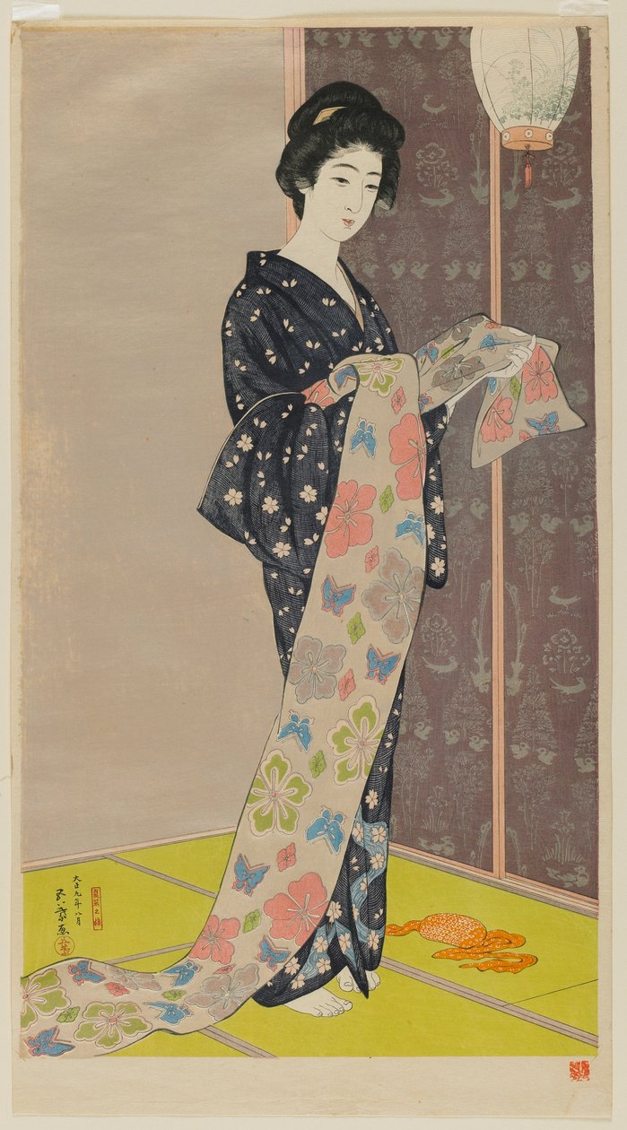 Žena v letním kimonu (Kaso no musume) éra Taisho, srpen 1920 (barevný dřevoryt) od Goyo Hashiguchi