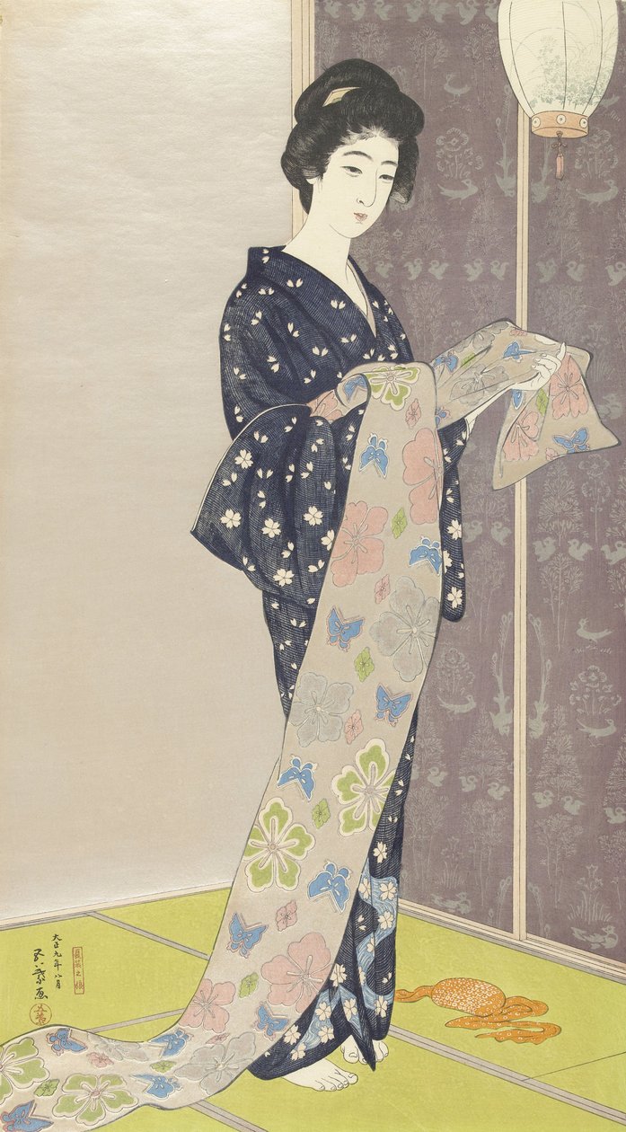 Mladá žena v letním kimonu, 1920 (barevný dřevoryt) od Goyo Hashiguchi