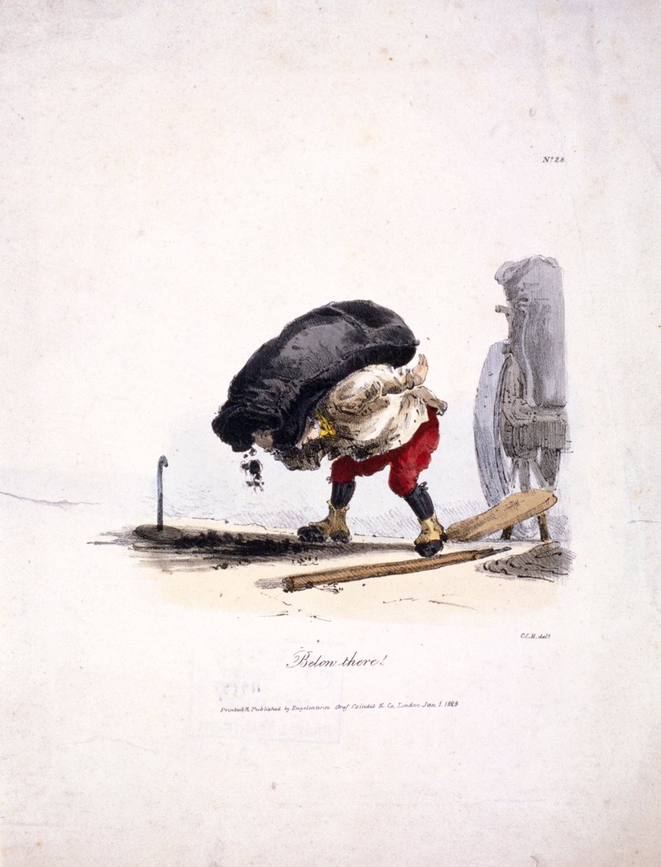 Pohled na uhlíře vytahujícího z vozíku těžký pytel uhlí, 1828 od Graf Engelmann Coindet and Company