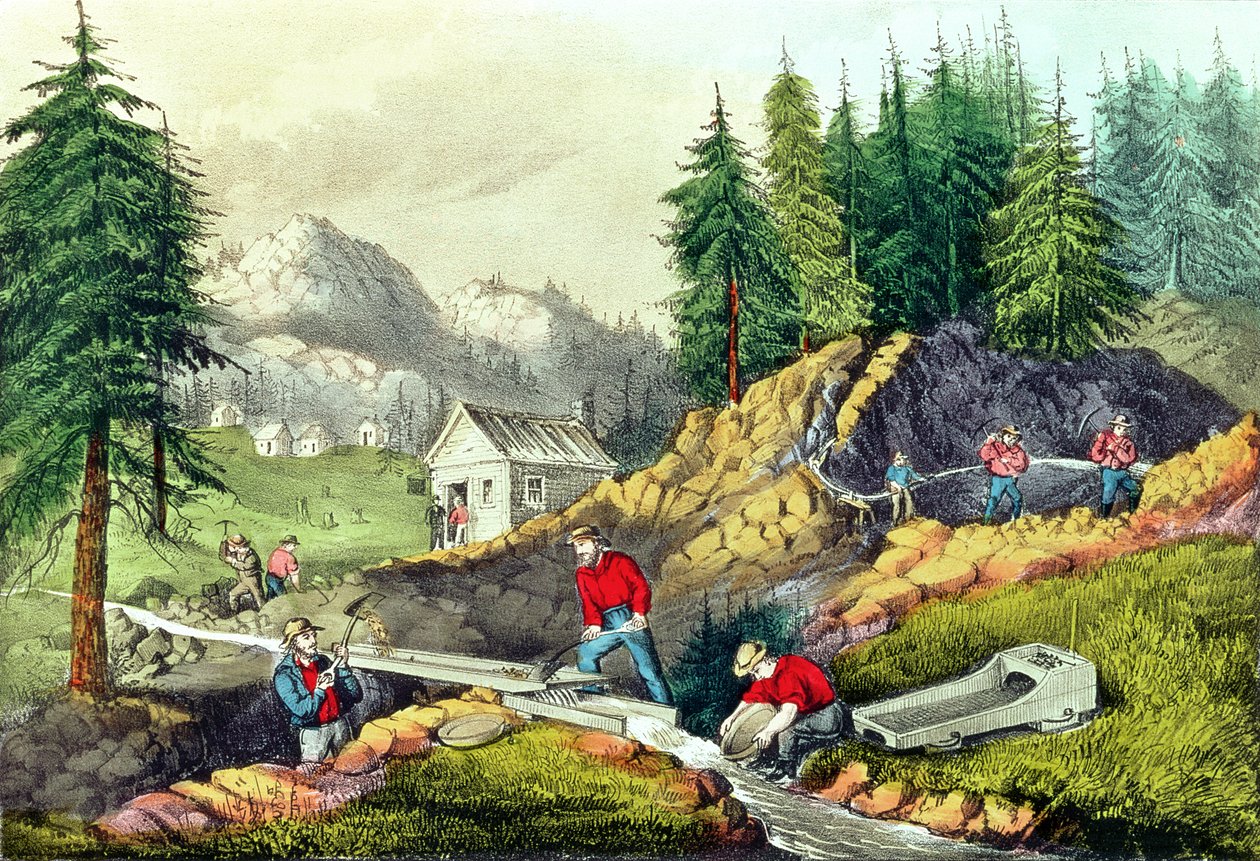 Těžba zlata v Kalifornii, publikoval Currier und Ives, 1861 (viz také 166069 a 32910) od Grafton Tyler Brown