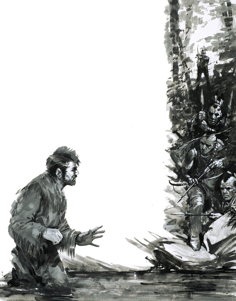 Alexandr Mackenzie je ohrožován indiány, když se brodí řekou. od Graham Coton