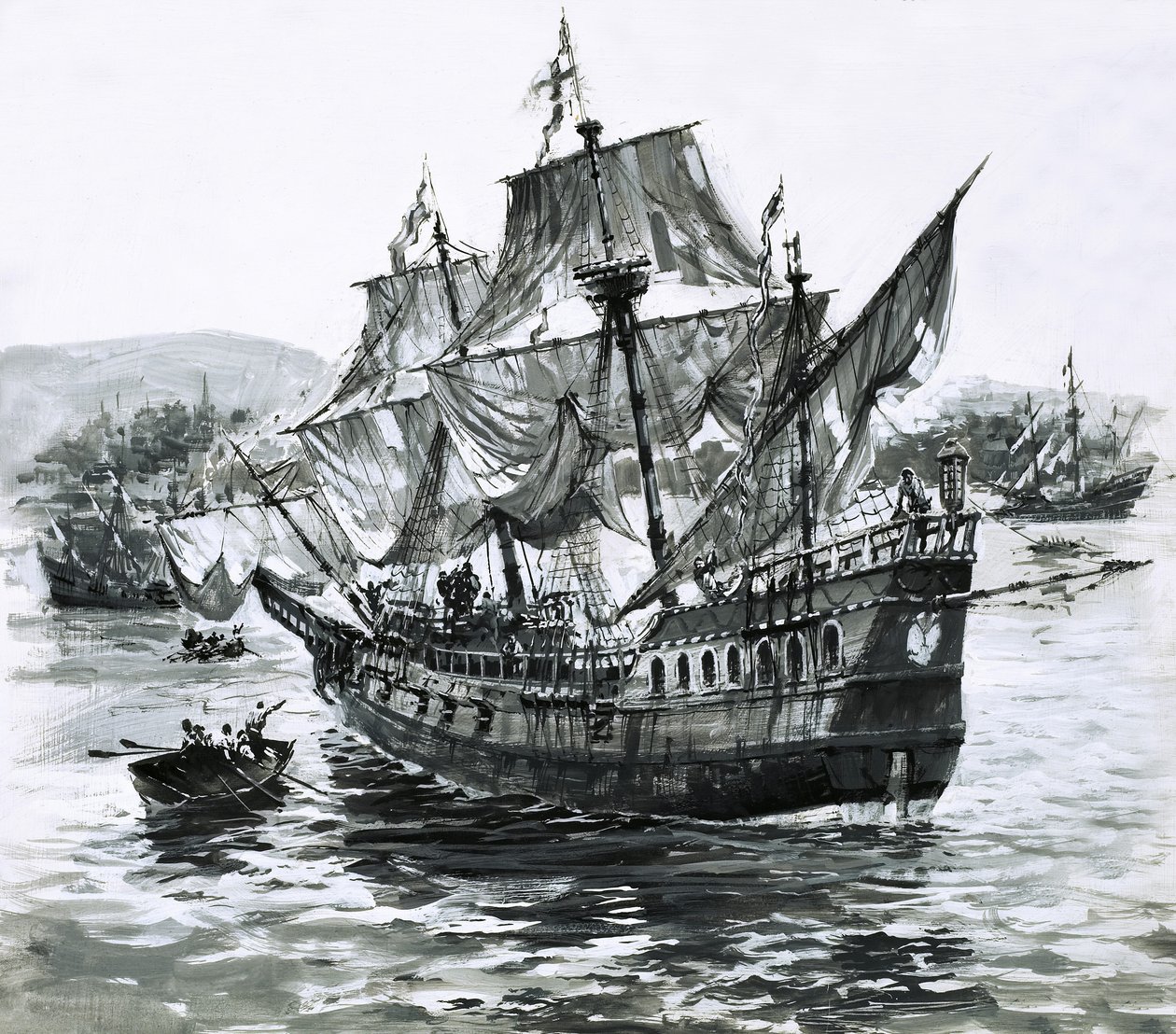 Drakeova loď Golden Hind se vrací do Portsmouthu s obrovským bohatstvím. od Graham Coton