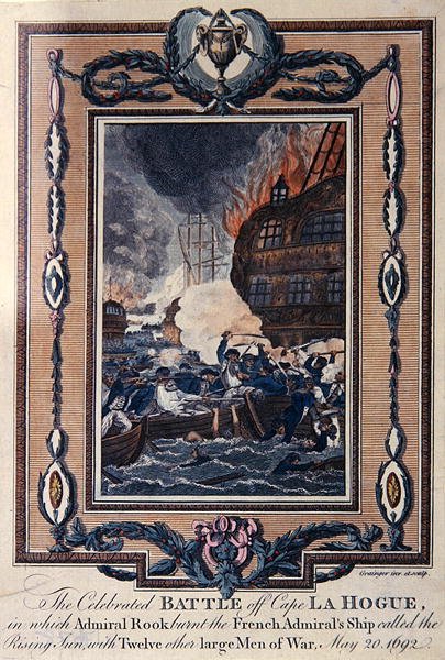 Slavná bitva u Cape La Hogue, 20. května 1692 (barevný lept) od Grainger