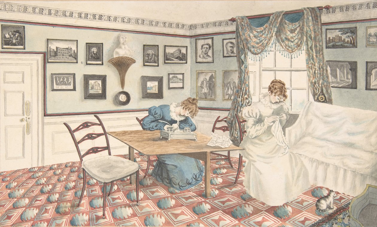 Dvě mladé ženy, které píší a šijí v interiéru v Hattonu, Warwickshire, 1820-30. od Granddaughters of Dr. Samuel Parr.