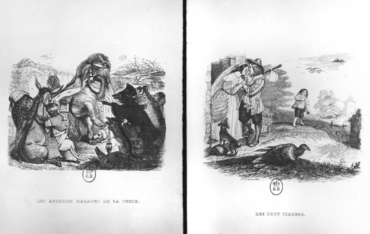 Zvířata s morem a Dva holubi, ilustrace z La Fontainových bajek od Grandville