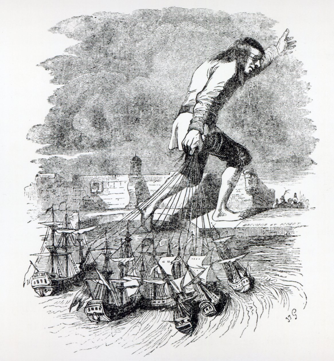Gulliver krade blefuscudskou flotilu, ilustrace z „Gullivers Travels“ od Jonathana Swifta, 1838 od Grandville