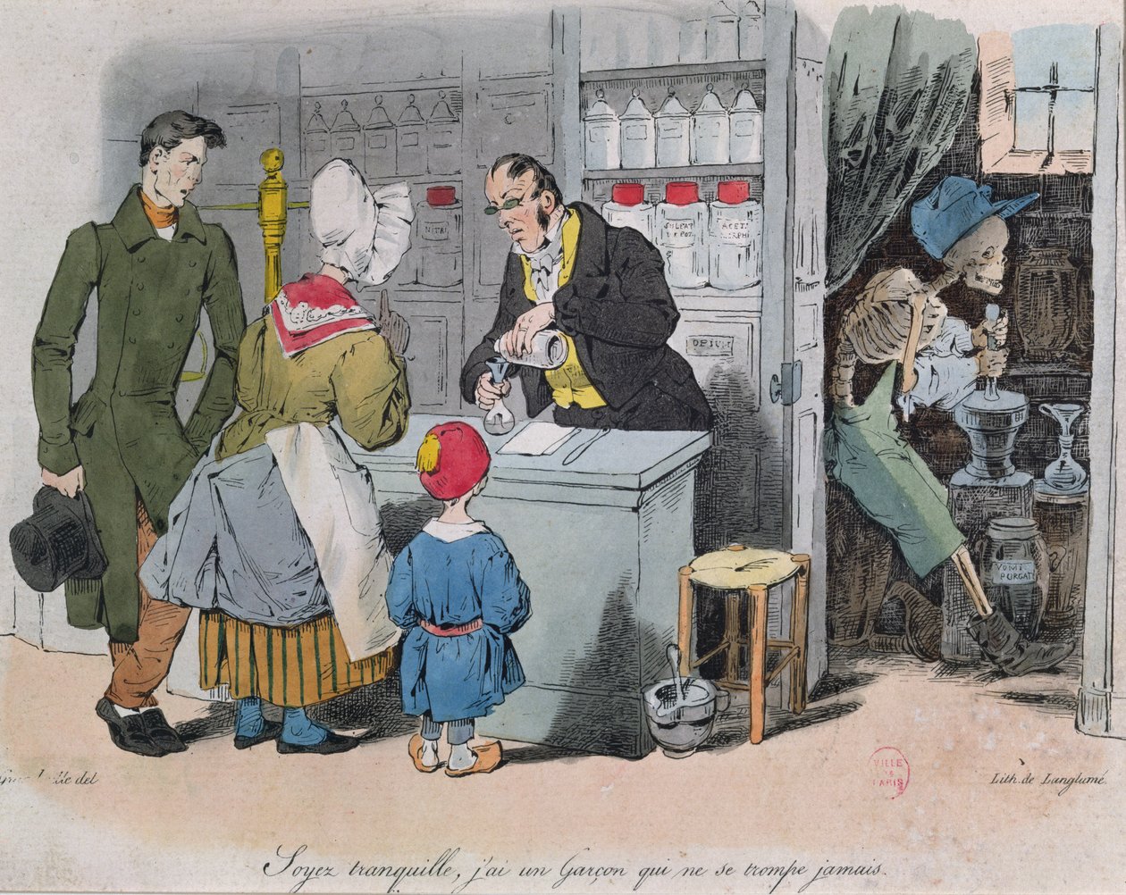 Lékárník a jeho asistent, vyrytý Langlume, c.1840 od Grandville