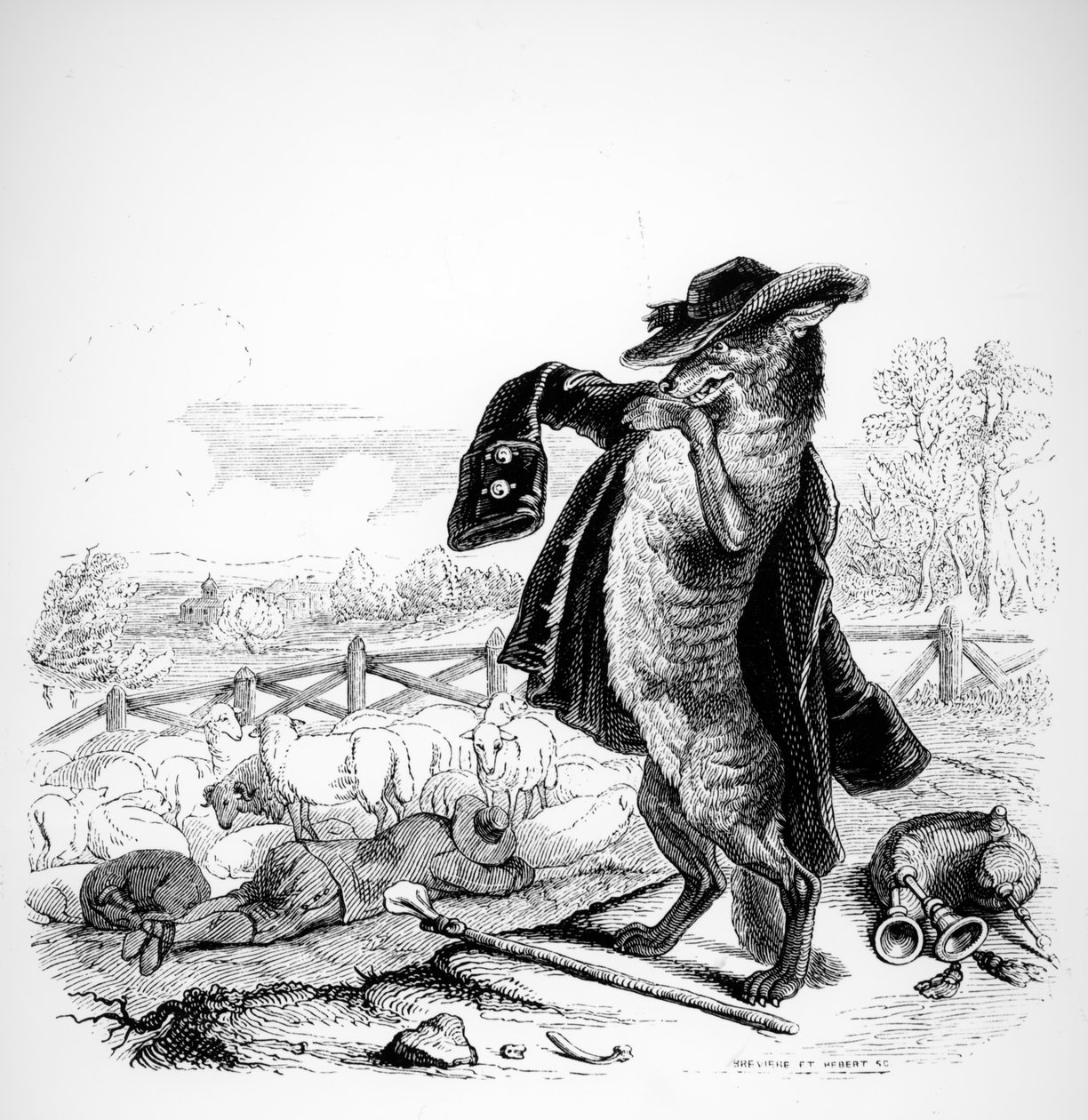 Vlk se stal pastýřem, ilustrace k La Fontainovým "Bájím" (1621-95), vydal H. Fournier Aine, 1838 od Grandville