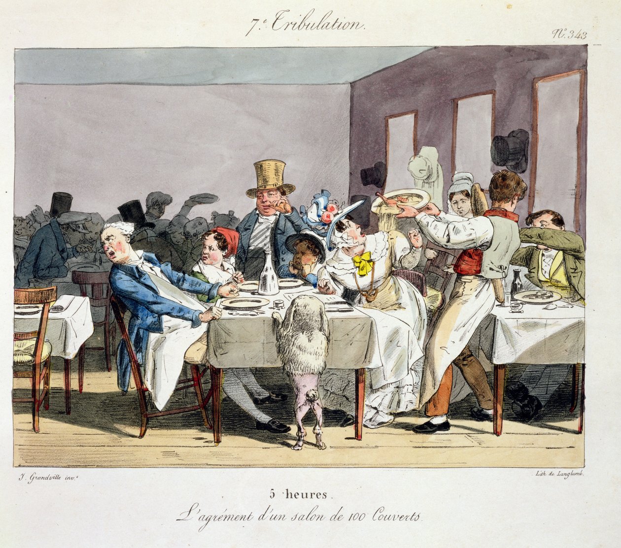 Restaurace se sto místy: 5 hodin, z knihy "Neděle pařížského měšťana", vyryl Langland, vydáno 1826. od Grandville
