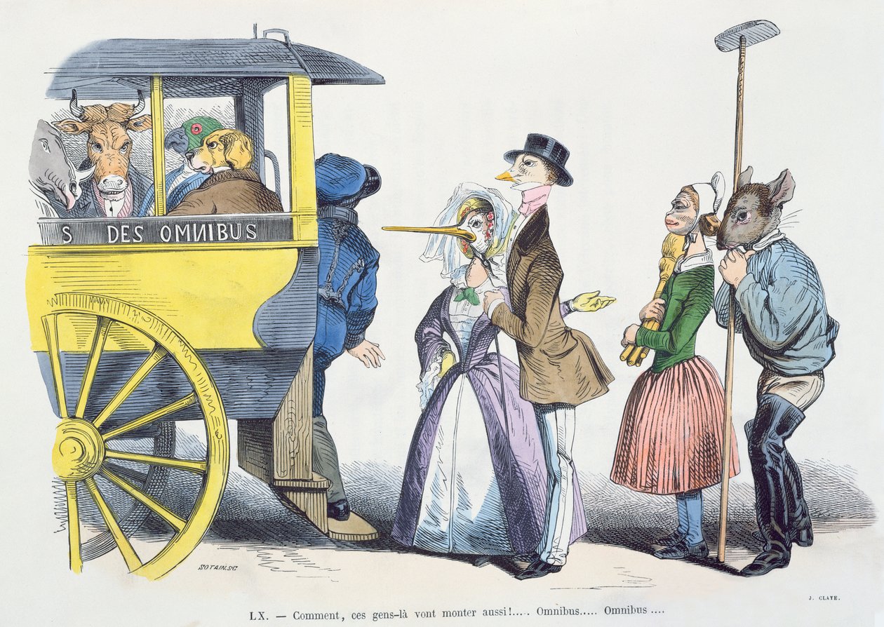 Karikatura „Co tím myslíš, že tito lidé budou také pokračovat“ ze série „Les Metamorphoses du Jour“, přetištěná v roce 1854 od Grandville