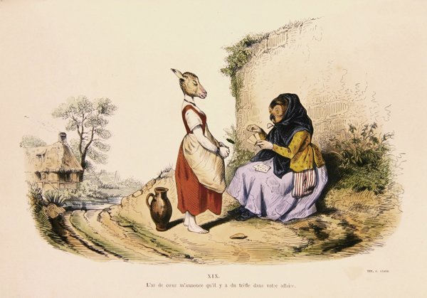 „Sova vyprávějící štěstí osla“, karikatura ze série „Les Metamorphoses du Jour“, přetištěná v roce 1854 (barevná rytina) od Grandville