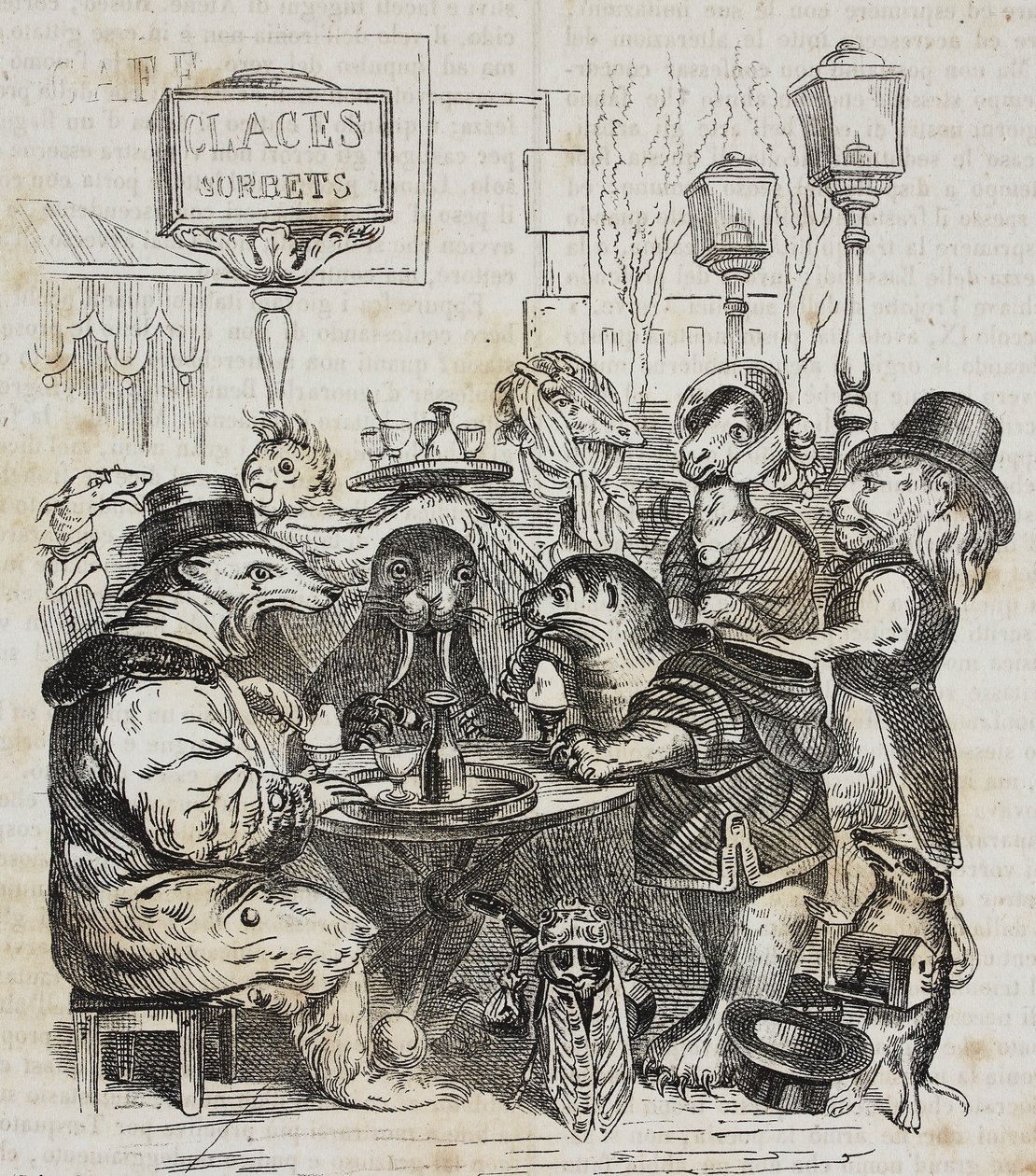 Šelmy sedící v obchodě se zmrzlinou, litografie Giovanni Mariani podle karikatury Jean-Jacques Grandville (1803-1847) z Poliorama Pittoresco, č. 24, 21. ledna od Grandville