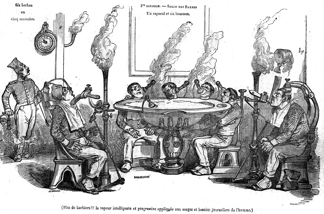 Karikatura Grandville zobrazující desátníka a jeho muže v Salle des Barbes, jak sedí s parním strojem, který je holí bez pomoci holiče. V "" Malebném obchodě "" 1835 od Grandville