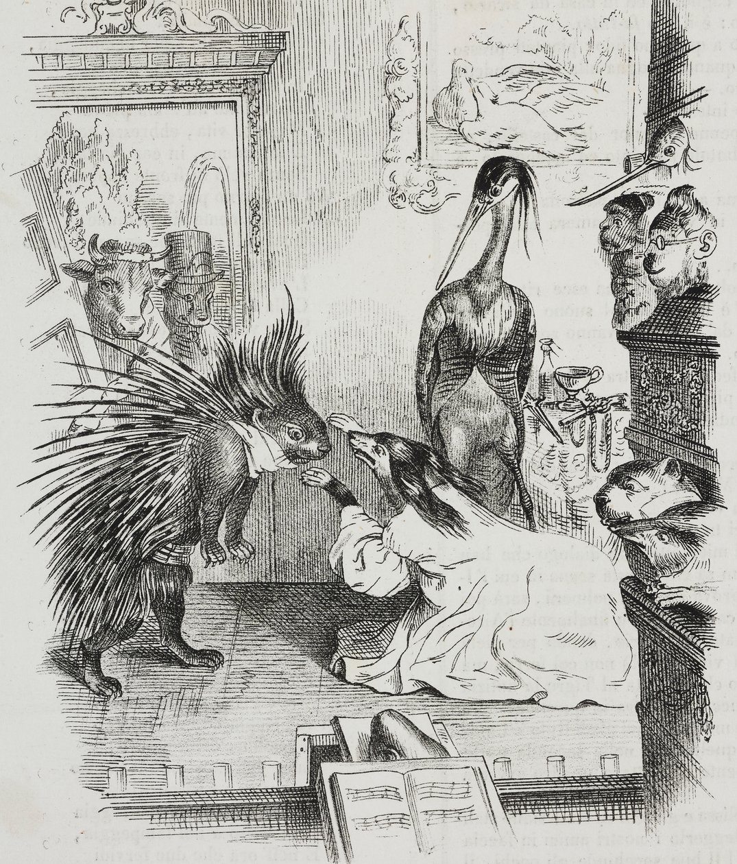 Pes a dikobraz, karikatura Jean-Jacques Grandville (1803-1847), litografie Giovanni Mariani z Poliorama Pittoresco, n 38, 30. od Grandville