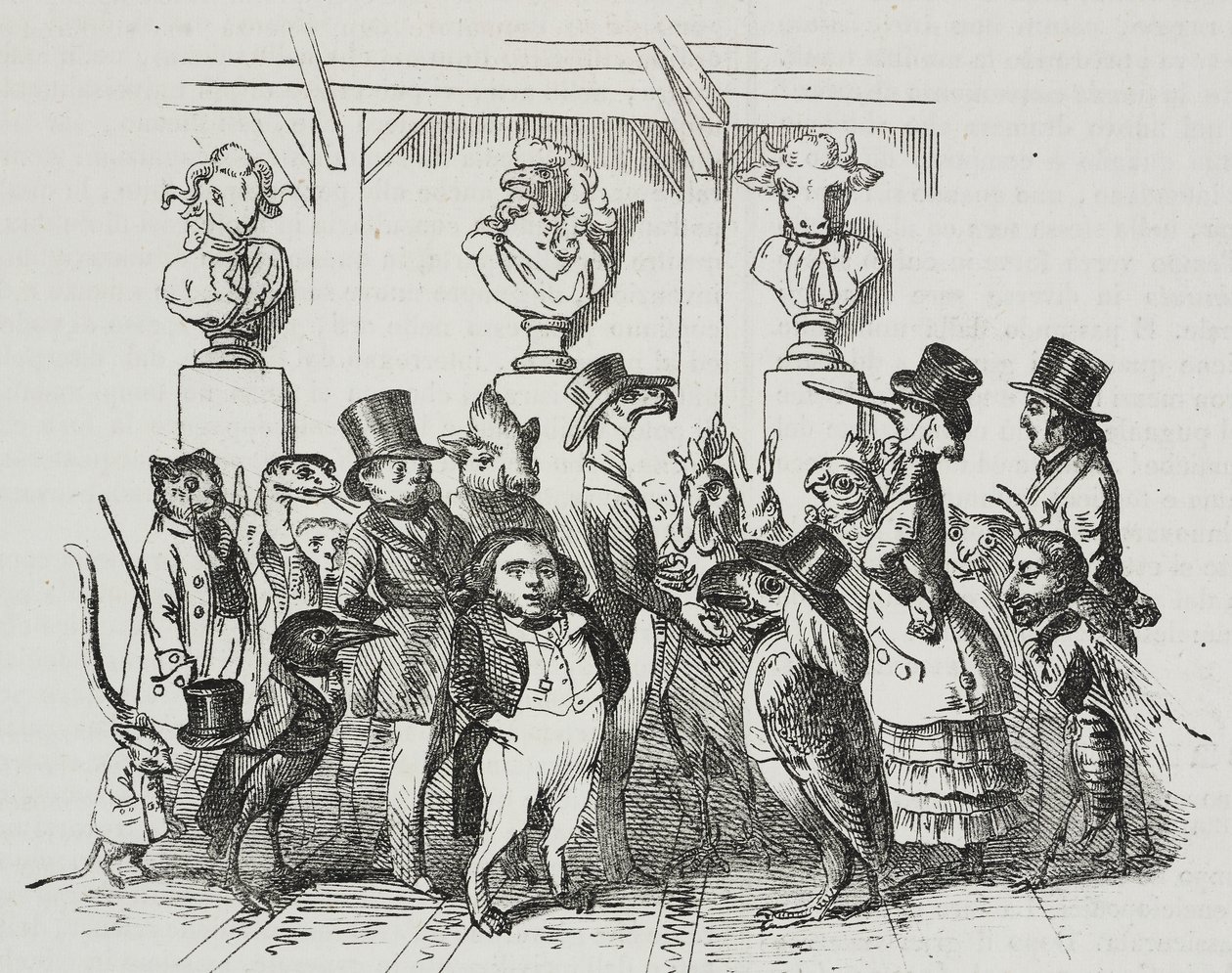 Odchod z divadla, karikatura Jean-Jacques Grandville (1803-1847), litografie Giovanni Mariani z Poliorama Pittoresco, č. 39, 7. května od Grandville