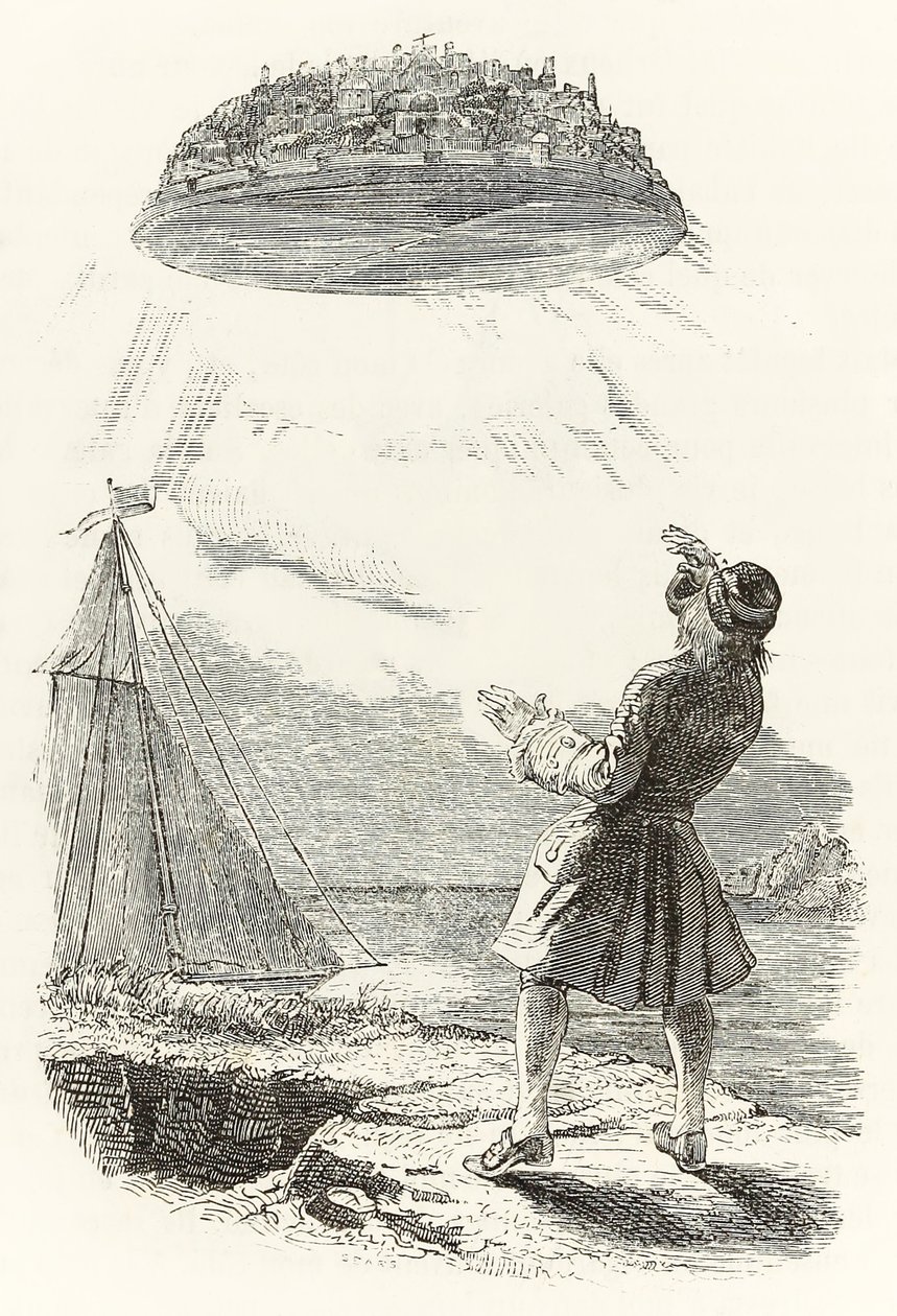 Gulliver poprvé vidí létající ostrov Laputa z „Gulliver