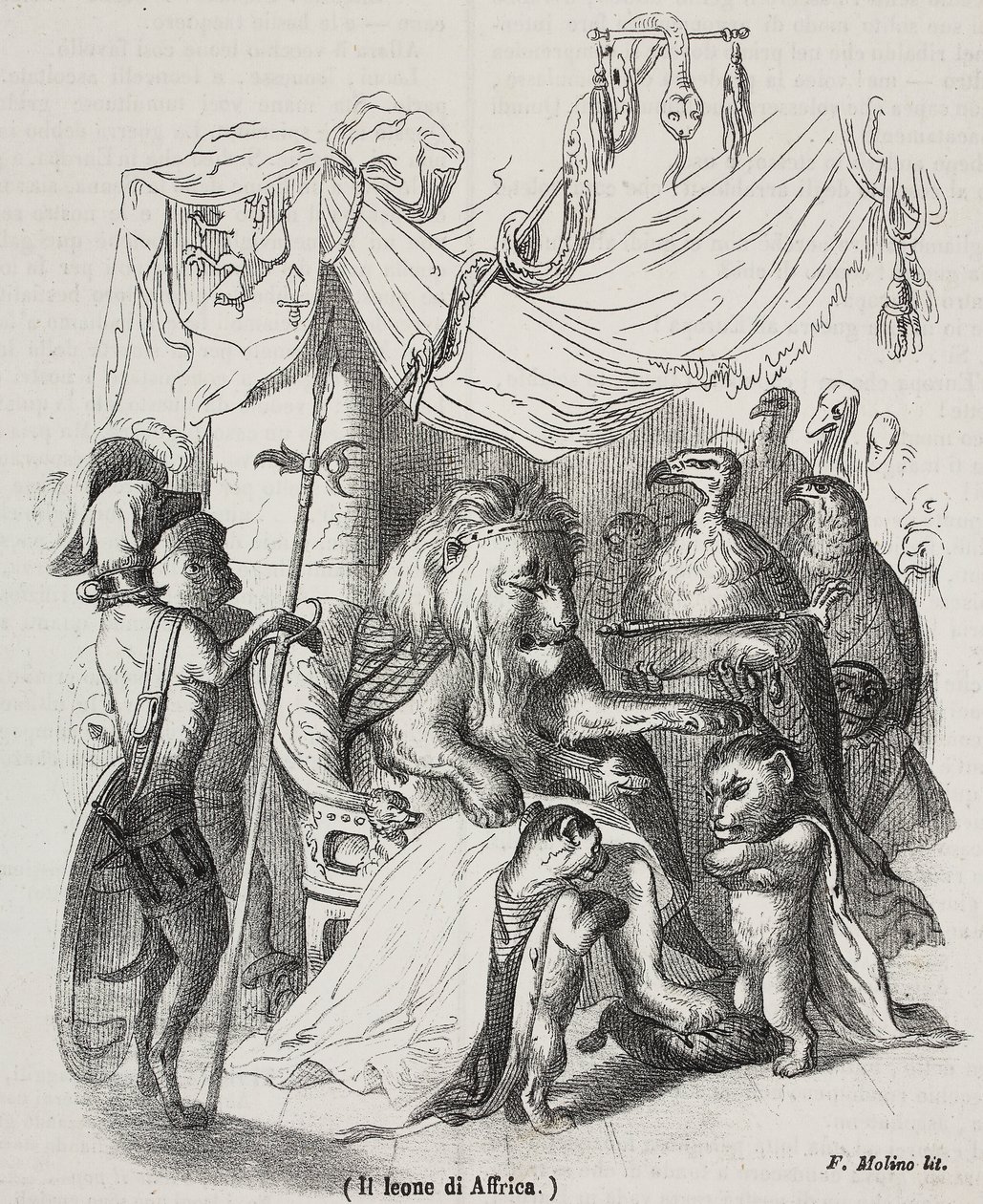 Lev Afriky, postava příběhu lva afrického a tří původních mladých lvů, litografie Filippo Molino (1804-1856) podle kresby Jean-Jacques Grandville (1803-1847), od Grandville