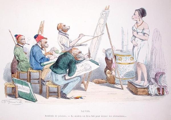 „Model je dokonale tvarovaný, aby poskytoval rozptýlení“, karikatura ze série „Les Metamorphoses du Jour“, přetištěná v roce 1854 (barevná rytina) od Grandville