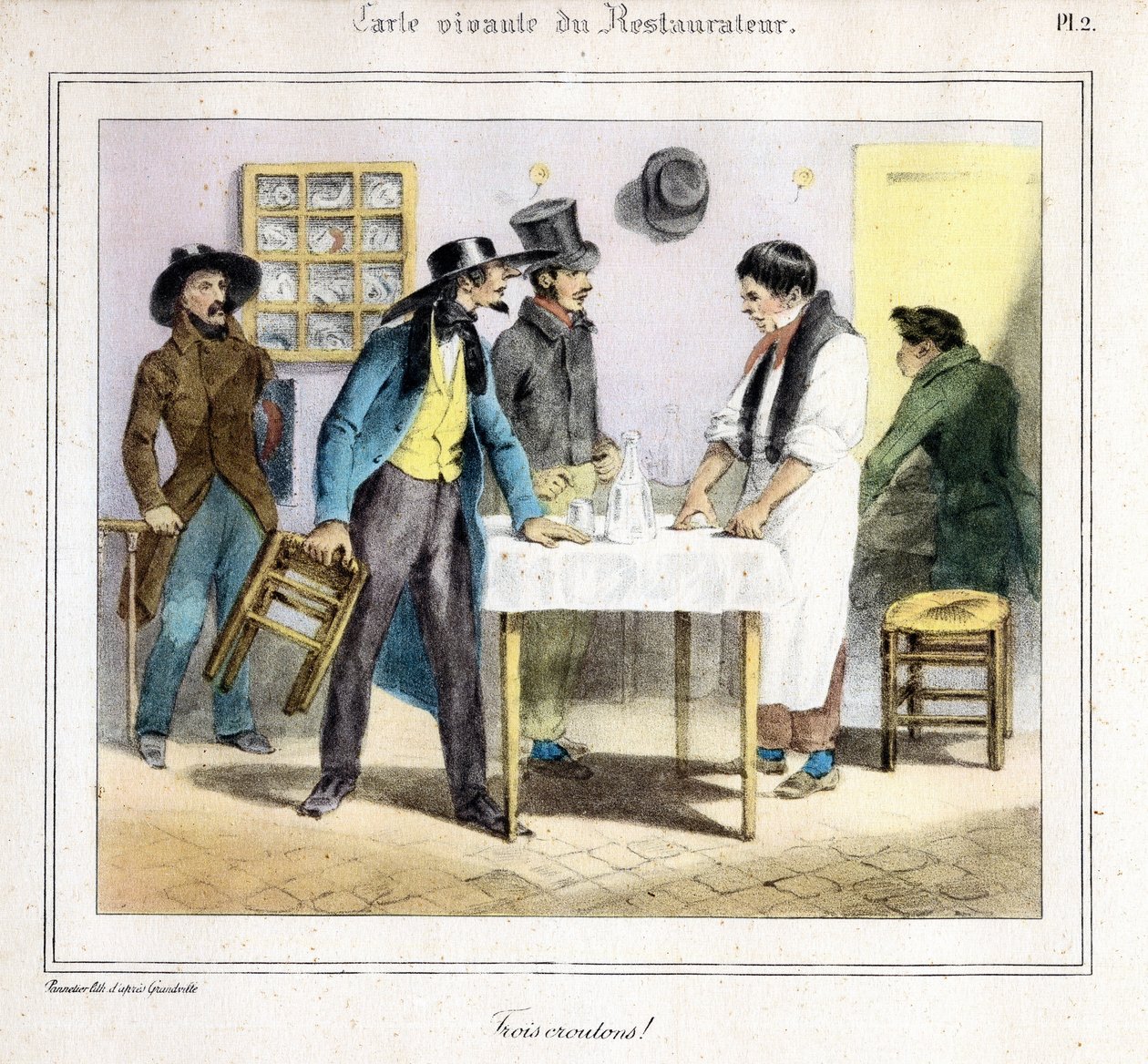 Živá karta restauratéra: Tři krutony! 1831-32 (litografie) od Grandville