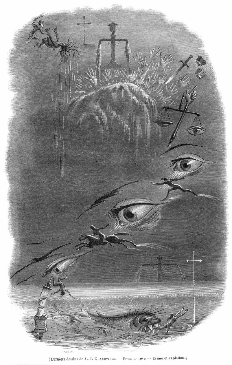 Scéna, kterou si vysnil karikaturista Grandville během noční můry, jež těsně předcházela jeho smrti. Georges Bataille o této rytině napsal: Zločinec sní o tom, že právě udeřil člověka v temném lese... Lidská krev byla rozetřena a po výrazu, který od Grandville (1803 47)