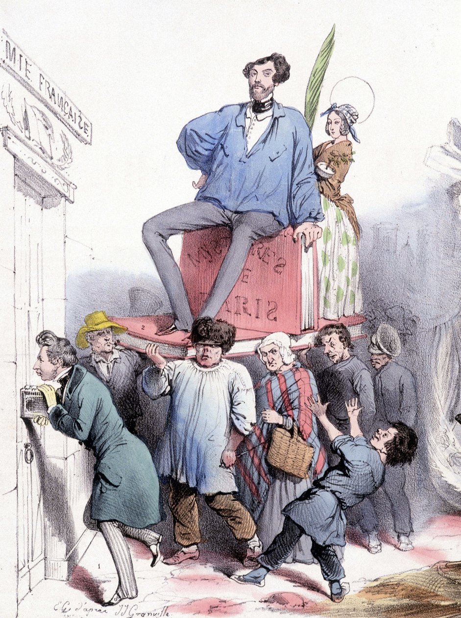 Alfred de Vigny klepe na dveře Akademie se svými kompletními díly a Eugène Sue, sedící na „“Les mystères de Paris””, oblečený v modrém plátěném paletě prince Rodolpha - od Grandville, v “”Le Charivari””” z 21/02/1844 od Grandville