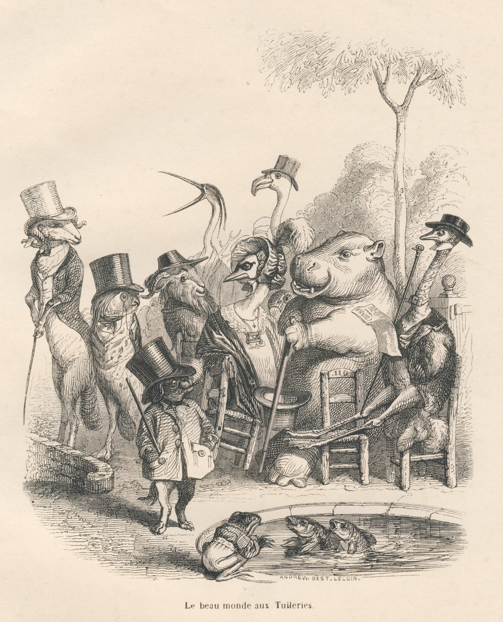 Zvířata v elegantním oblečení procházející se v Tuileries. Viněty ilustroval JJ Granville. Rytina podepsaná Andrewem, Bestem a Leloirem v části "Historie zajíce", kterou napsal PJ Stahl ve "Scénách ze soukromého a veřejného života zvířat". Sázka od Grandville