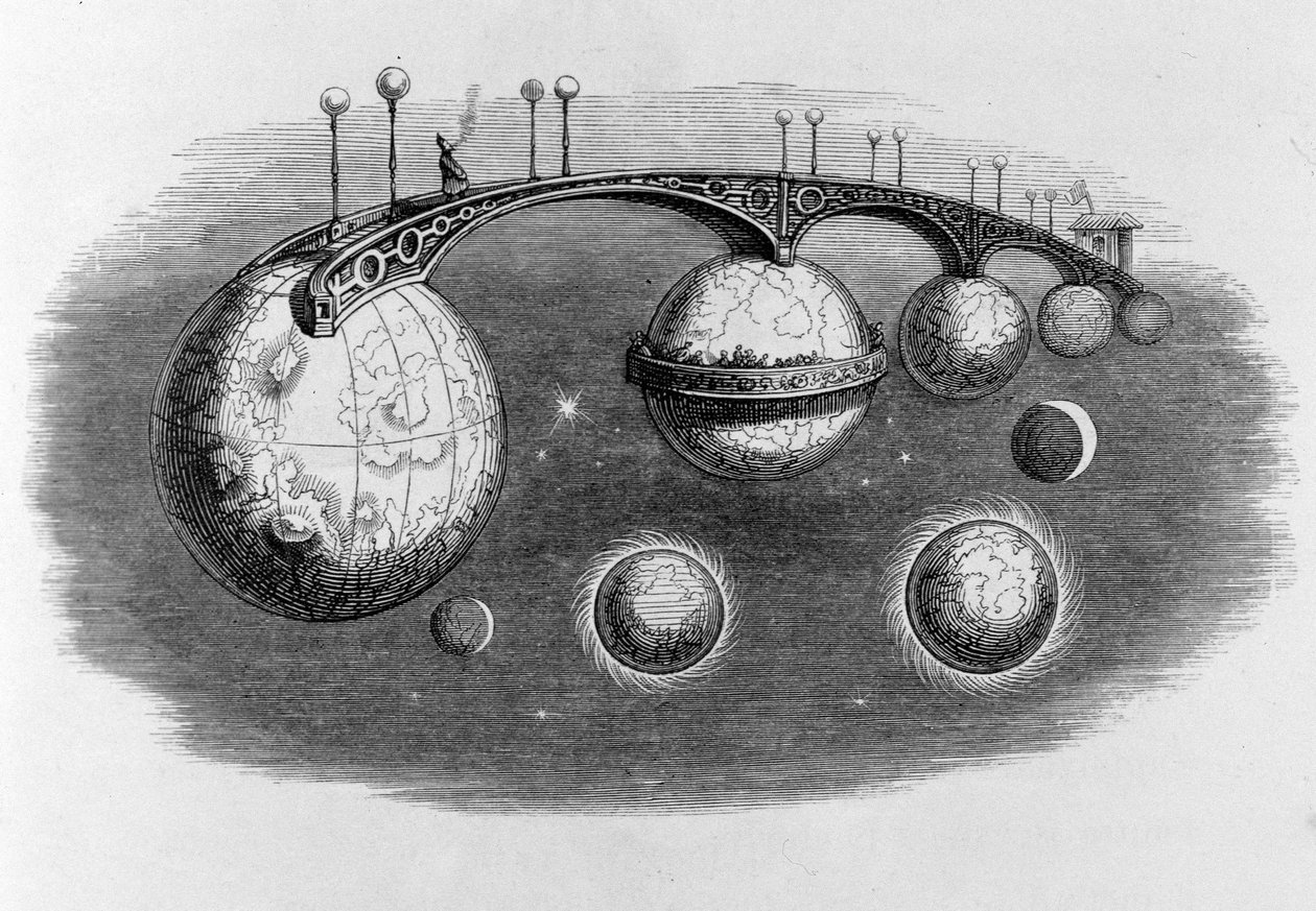 Most spojující několik planet k sobě - rytina Grandville od Grandville