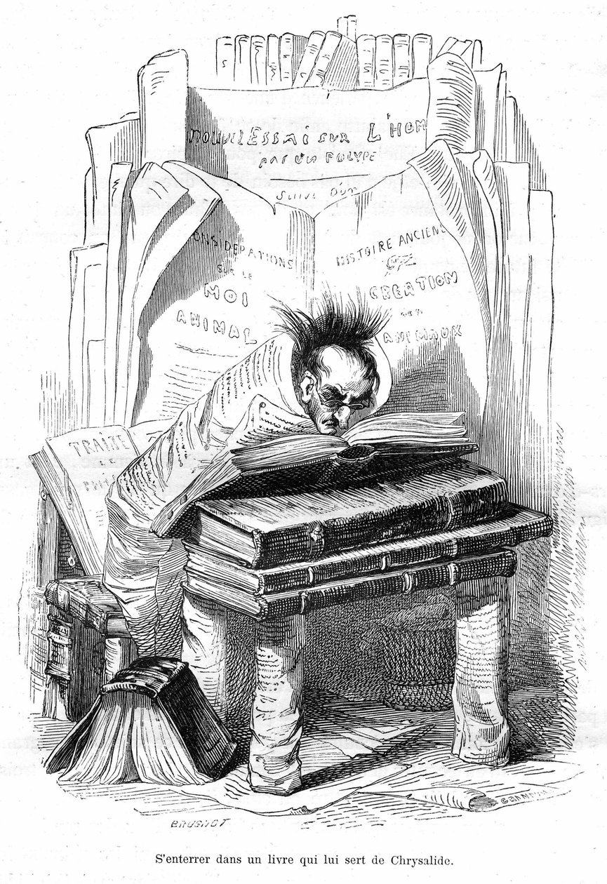 Karikatura: Grandvillova rytina, vyňatá z knihy "Soukromý a veřejný život zvířat (Les animaux painted by them memes)", Hetzelovo vydání 1867 str. 563 - kapitola nazvaná Tabulky G od Grandville (1803-47)