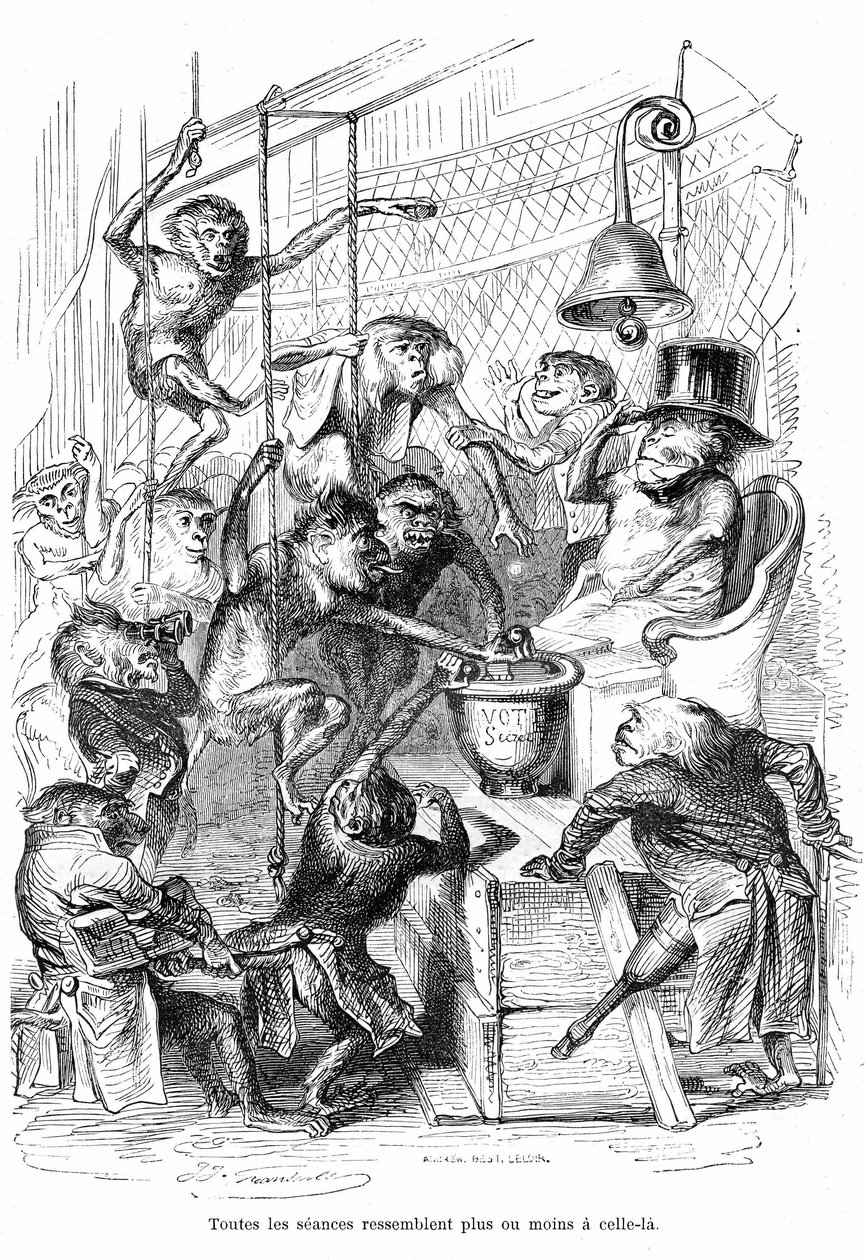 Karikatura: Rytina od Grandvilla, převzatá z knihy "Soukromý a veřejný život zvířat (Les animaux painted pa them memes)", Hetzel, vydání 1867, str. 566 - kapitola nazvaná "Tabulky žirafy". od Grandville (1803 47)