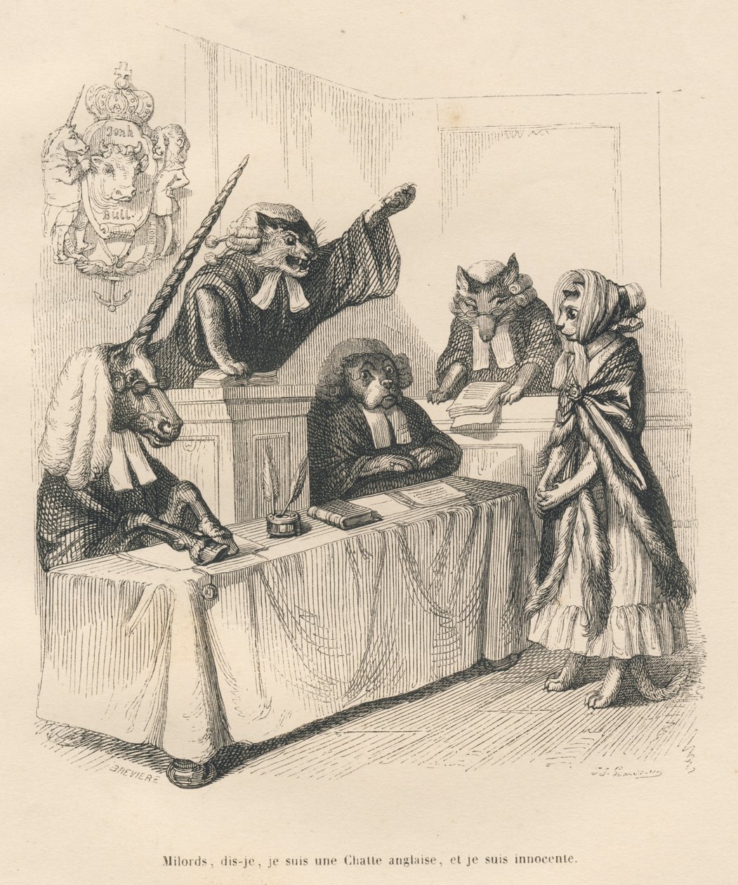 Kočka bránící se u soudu skládajícího se z jednorožce, kočky, psa a vlka. Miniatury ilustroval JJ Granville. Rytina signovaná Brevierem v části nazvané „Court pains of an English cat“, kterou napsal Honore de Balzac v „Sc od Grandville
