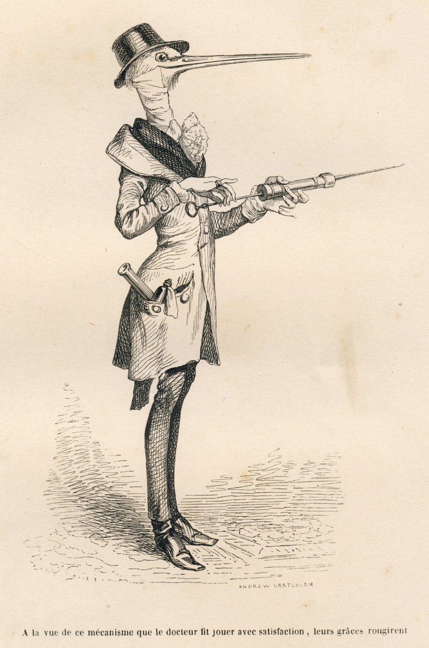 Čáp jako lékař manipulující s klystýrem. Miniatury ilustroval JJ Granville. Rytina podepsaná Andrewem, Bestem a Leloirem v části nazvané „Court pains of an English cat“, kterou napsal Honore de Balzac ve „Scenes de la vie privee et publique des od Grandville
