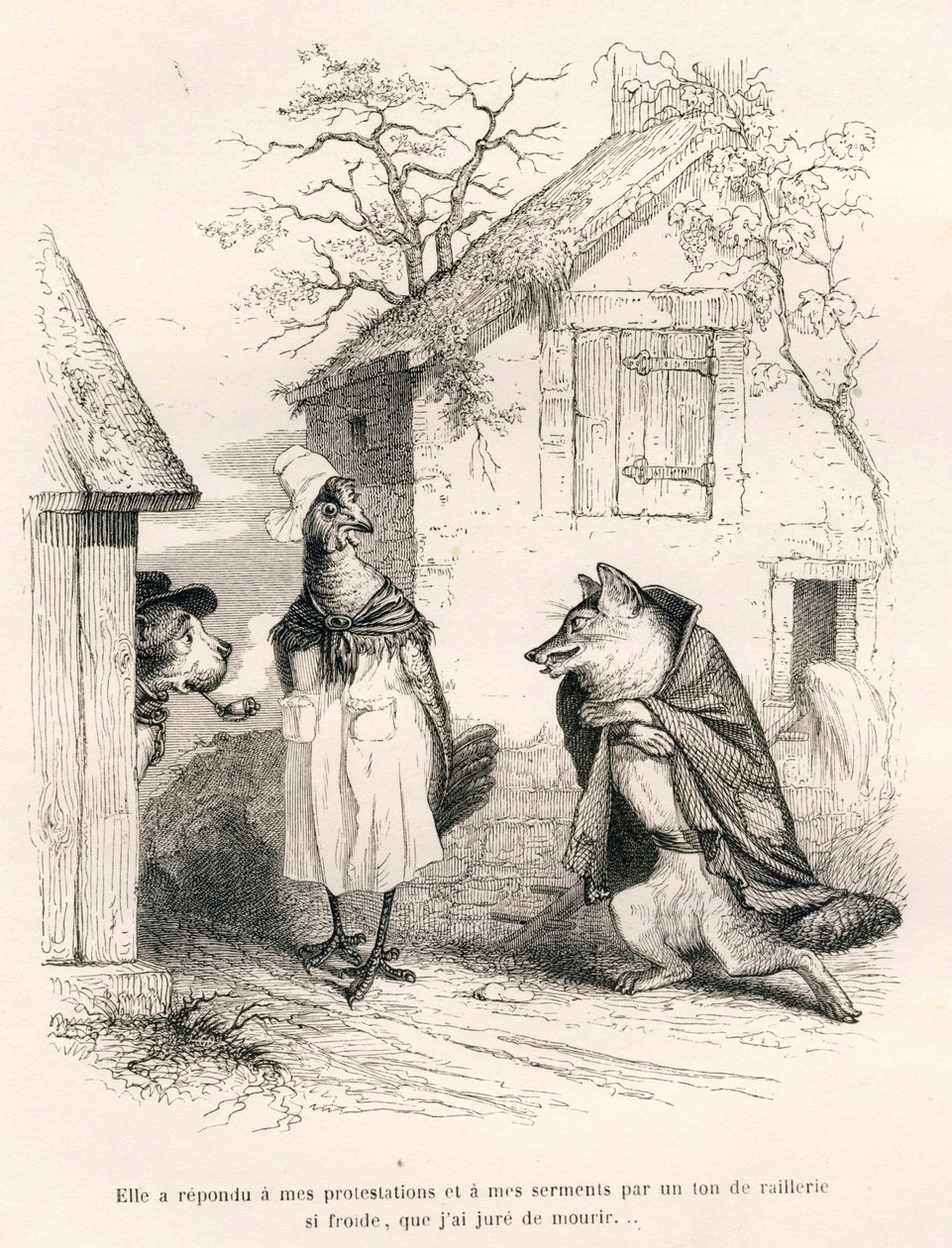 Rozhovor mezi psem, slepicí a liškou. Viněty ilustroval JJ Granville. Rytina podepsaná Godardem v části nazvané "Un renard pris au piege", kterou napsal Charles Nodier ve "Scenes de la vie privee et publique des animaux". Paris, J. H od Grandville