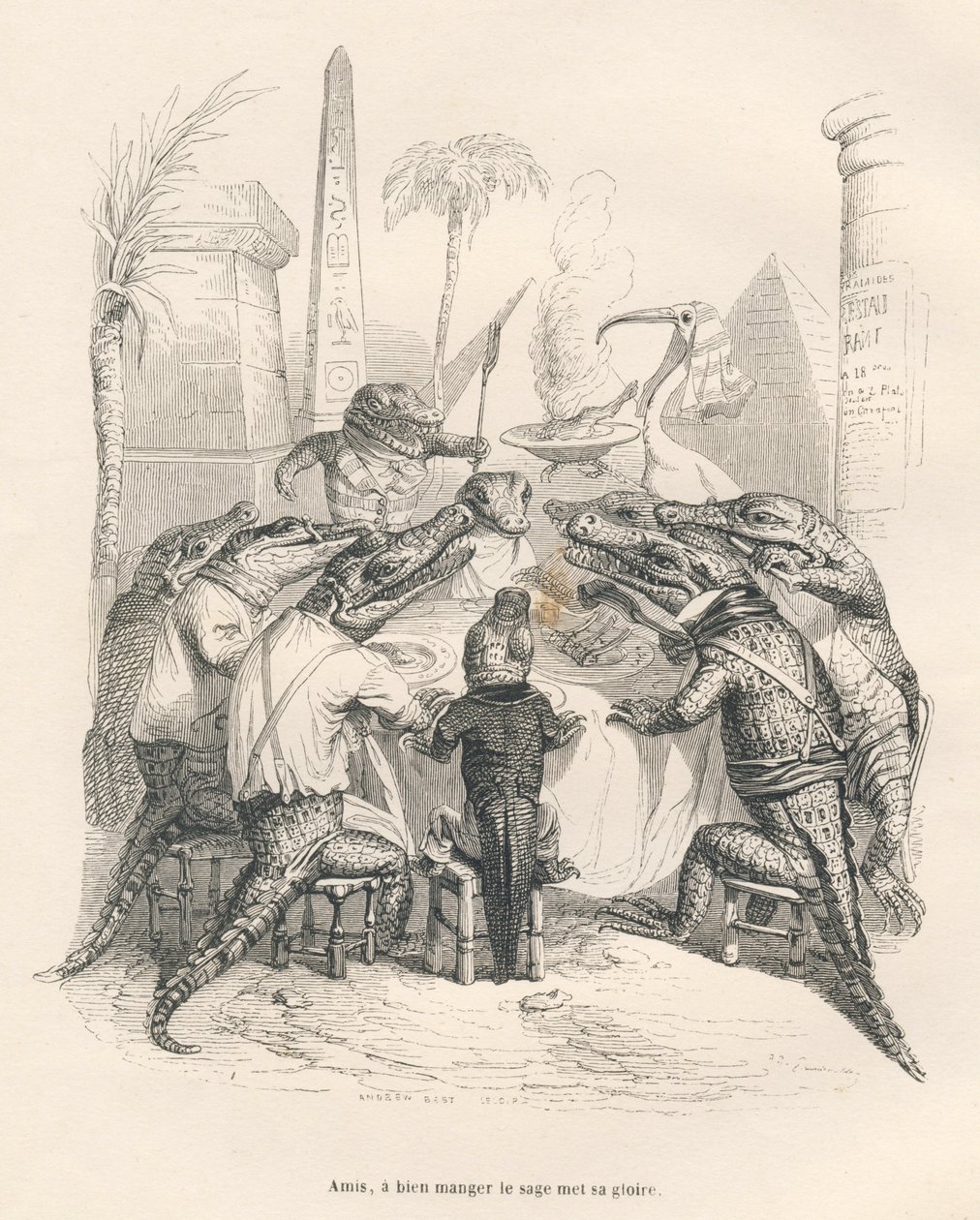 Krokodýli kolem stolu v Egyptě. Miniatury ilustroval JJ Granville. Rytina podepsaná Andrewem, Bestem a Leloirem v části nazvané „Vzpomínky na krokodýla“, kterou napsal Emile de La Bedolliere ve „Scénách ze soukromého a veřejného života zvířat“. od Grandville