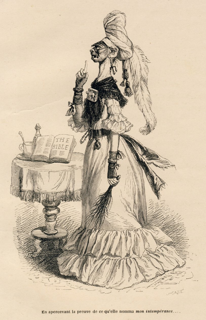 Vidět důkaz toho, čemu říkala moje nestřídmost. Miniatury ilustroval JJ Granville. Rytina signovaná Caque v části nazvané „Dvorní bolesti anglické kočky“, kterou napsal Honore de Balzac ve „Scénách ze soukromého a veřejného života od Grandville