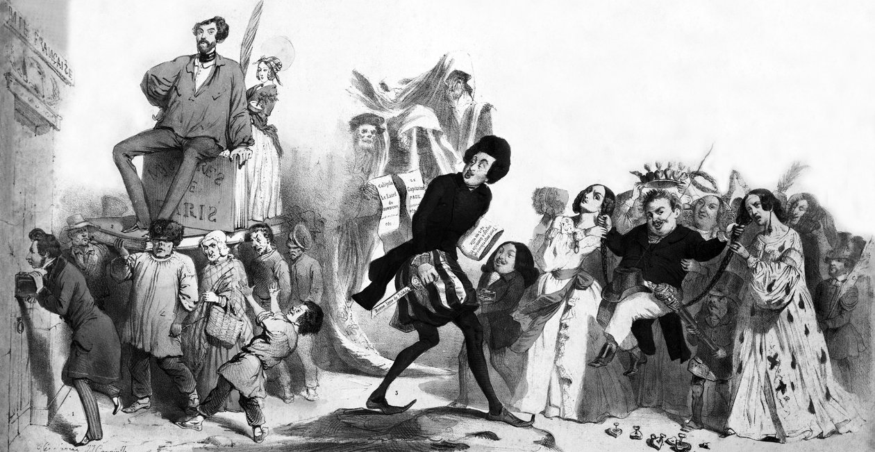 Francouzští romantičtí spisovatelé (Alfred de Vigny, Victor Hugo, Alexandre Dumas otec, Honore de Balzac ), kteří chtějí vstoupit do Francouzské akademie, ale dveře jsou zavřené, rytina od Grandville (1803 47)