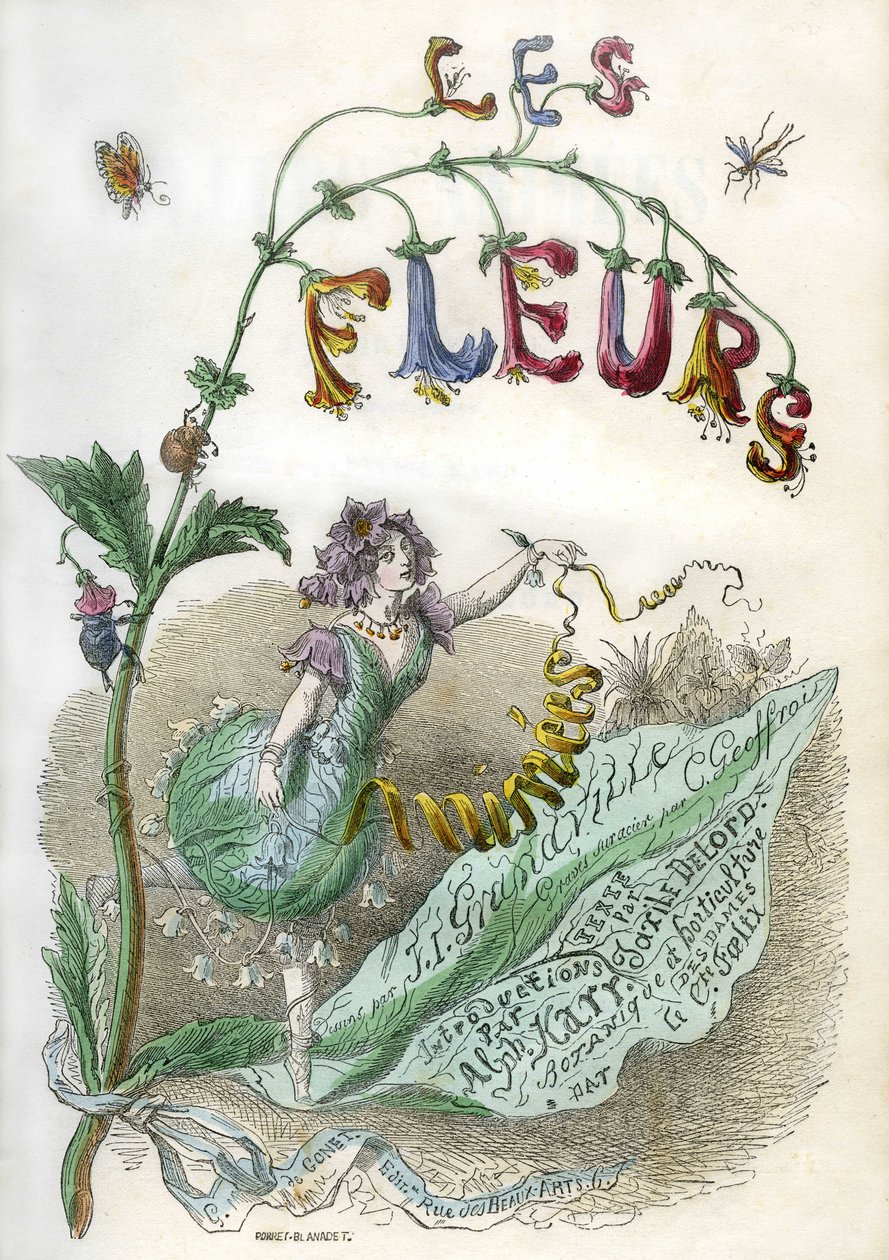 Frontispice knihy "Les Fleurs animees", ilustroval Grandville, kolorovaná rytina se šablonou. Gonet Edition 1857 od Grandville (1803 47)