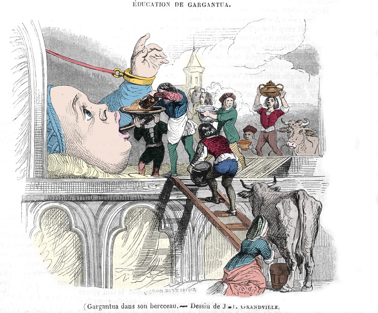 Gargantuova postava z románů Francoise Rabelaise (1483-1553), francouzského spisovatele: „Vzdělávání Gargantua“““ Gargantua ve své kolébce. Ilustrace Gerard Grandville (1803-1847) 19. století od Grandville
