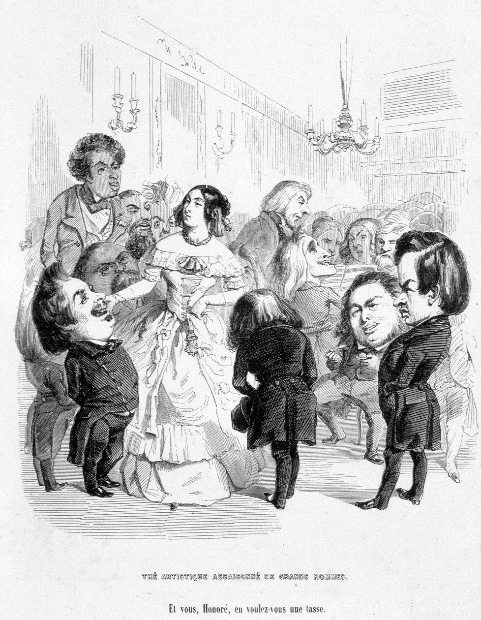 George Sand (Aurore Dupin, Baronne Dudevant) (1804-1876) obklopený 4 spisovateli: Eugene Sue, Honore de Balzac, Franz Litz a Victor Hugo - v „Hledání společenského postavení“ od Jeroma Paturota od Grandville