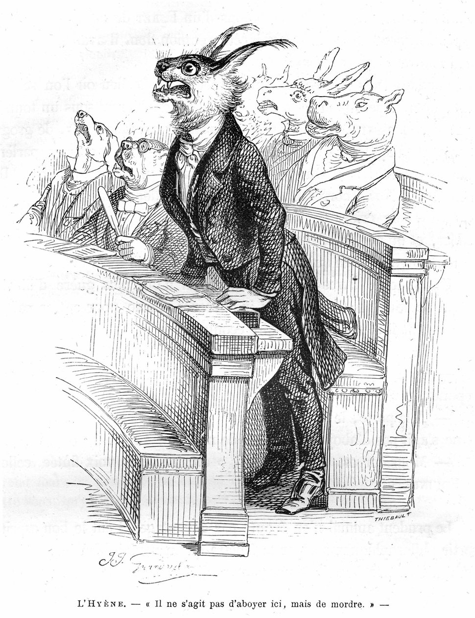 Grandvillova rytina z knihy Soukromý a veřejný život zvířat (Les animaux ints par them memes), edice Hetzel 1867 - Karikatura lidského politického shromáždění - Na cestách obsazených různými zvířaty (psi, osel, hroch...), hyena od Grandville (1803 47)