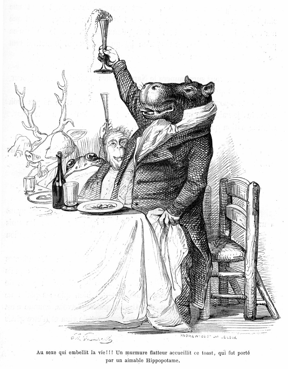 Grandvillova rytina z knihy Soukromý a veřejný život zvířat (Les animaux ints par eux memes), edice Hetzel 1867 - Hroch světácky sedící u stolu na hostině, zvedá sklenku a pronese přípitek. Legenda: Hroch: Sex, který zkrášluje život! od Grandville (1803 47)