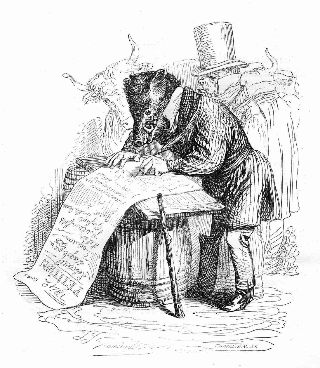 Grandvillova rytina z knihy "Soukromý a veřejný život zvířat (Les animaux painted par eux memes)", Hetzelovo vydání 1867 - Karikatura: divočák píšící petici. od Grandville (1803 47)