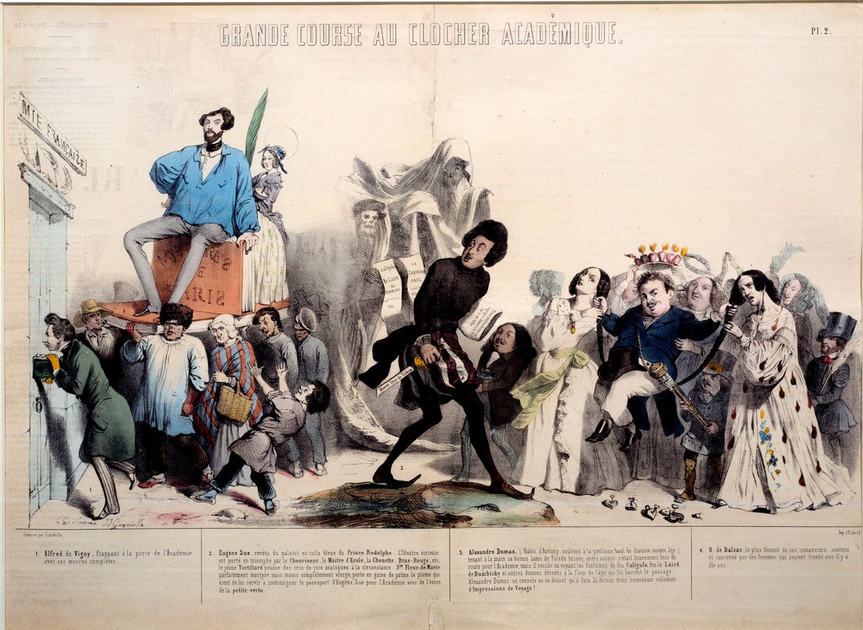 Skvělý závod do akademické zvonice. Uznávaní jsou spisovatelé Alfred de Vigny (1797-1863), Eugene Sue (1804-1857), Alexandre Dumas (1802-1870) a Honore de Balzac (1799-1850). Rytina Gerard Grandville (1803-1847) od Grandville