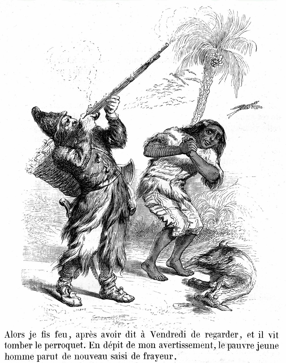 Ilustrace k románu Robinson Crusoe od Daniela de Foe (DeFoe) od Grandville - edice Garnier 1869 s193. Robinson střílí z pušky před frighy Friday. od Grandville (1803 47)