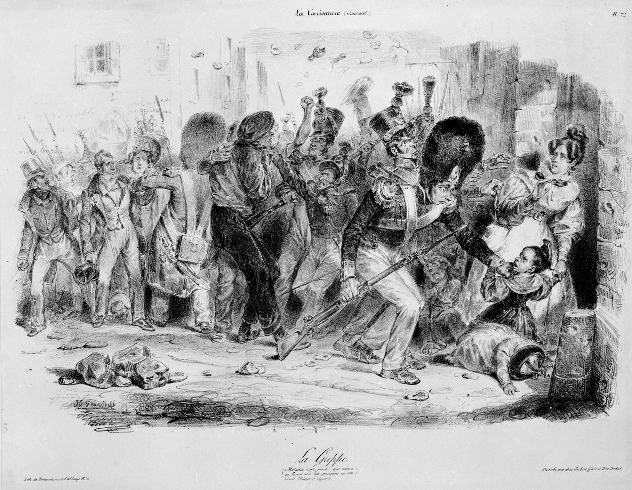 La Flu (chřipka): nakažlivá nemoc, která v roce 1831 zuří na Pařížany – rytina od Grandville v „La caricature““ od Grandville