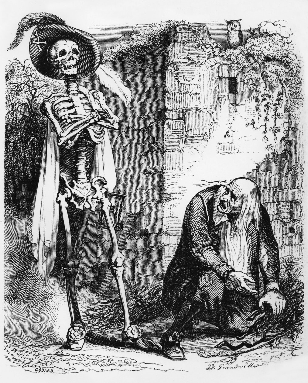 La Fontainova bajka (autor Jean de La Fontaine) : Smrt a dřevorubec, rytina J. J. Grandville, asi 1838-40 od Grandville (1803 47)