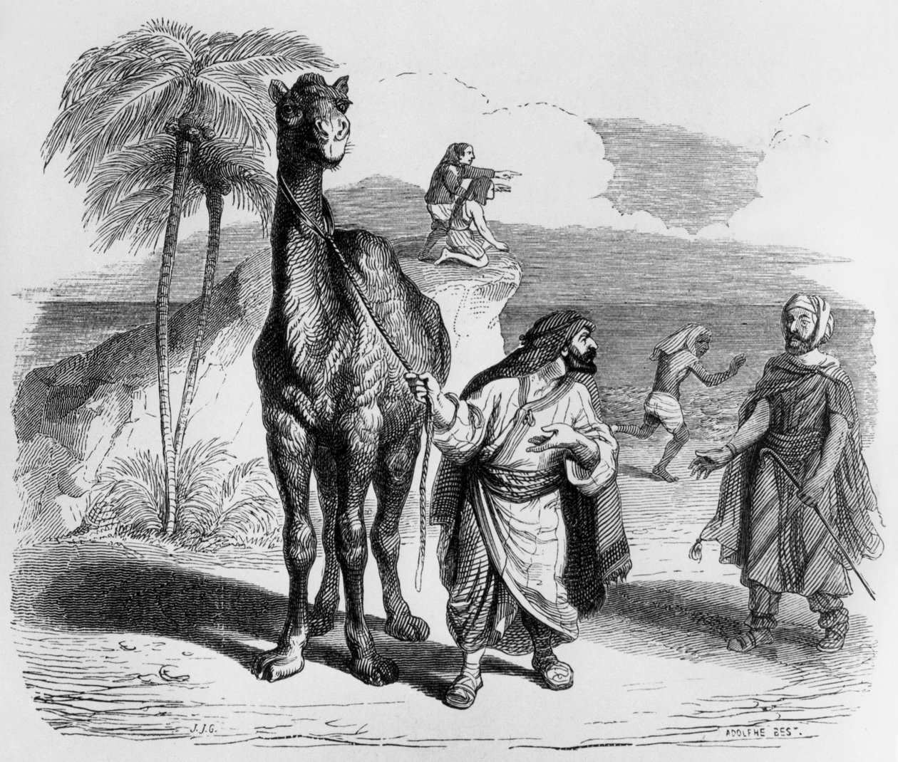 La Fontainova pohádka (autor Jean de La Fontaine) : Velbloud a plovoucí tyče, rytina J. J. Grandville, asi 1838-40 od Grandville (1803 47)
