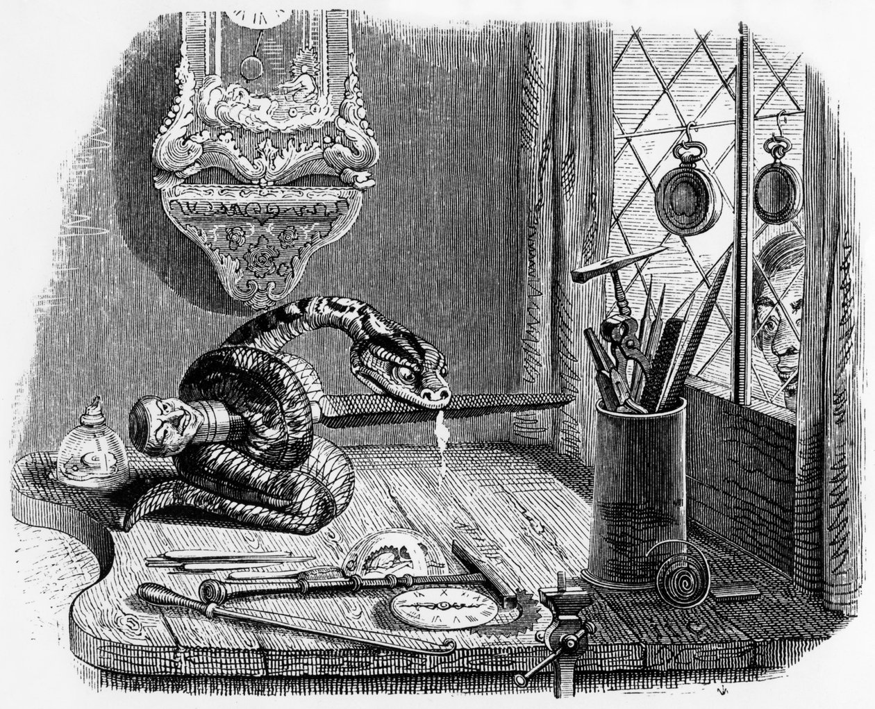 La Fontainova bajka (Jean de La Fontaine) : had a pilník, rytina J. J. Grandville, asi 1838-40 od Grandville (1803-47)