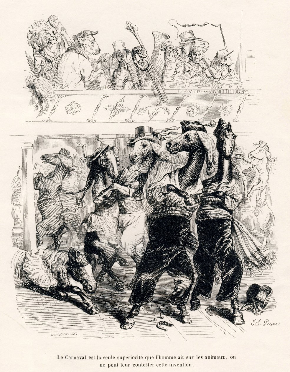 Koňský karneval. Miniatury ilustroval JJ Granville. Rytina signovaná Tamisier v části nazvané „Cesta afrického lva do Paříže“, kterou napsal Honore de Balzac ve „Scénách ze soukromého a veřejného života zvířat“. Paris, J. Hetzel a Paul od Grandville