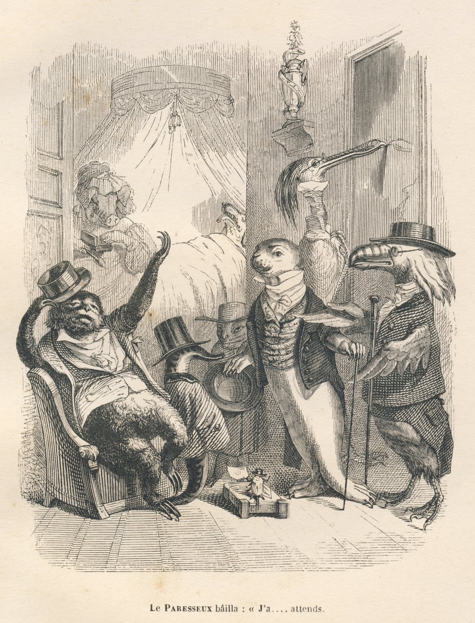 Lenoch zívl, že čeká. Viněty ilustroval JJ Granville. Rytina podepsaná Godardem v části nazvané "Les animaux medecins", kterou napsal Pierre Bernard v knize "Scenes de la vie privee et publique des animaux". Paris, J. Hetzel et Paulin od Grandville